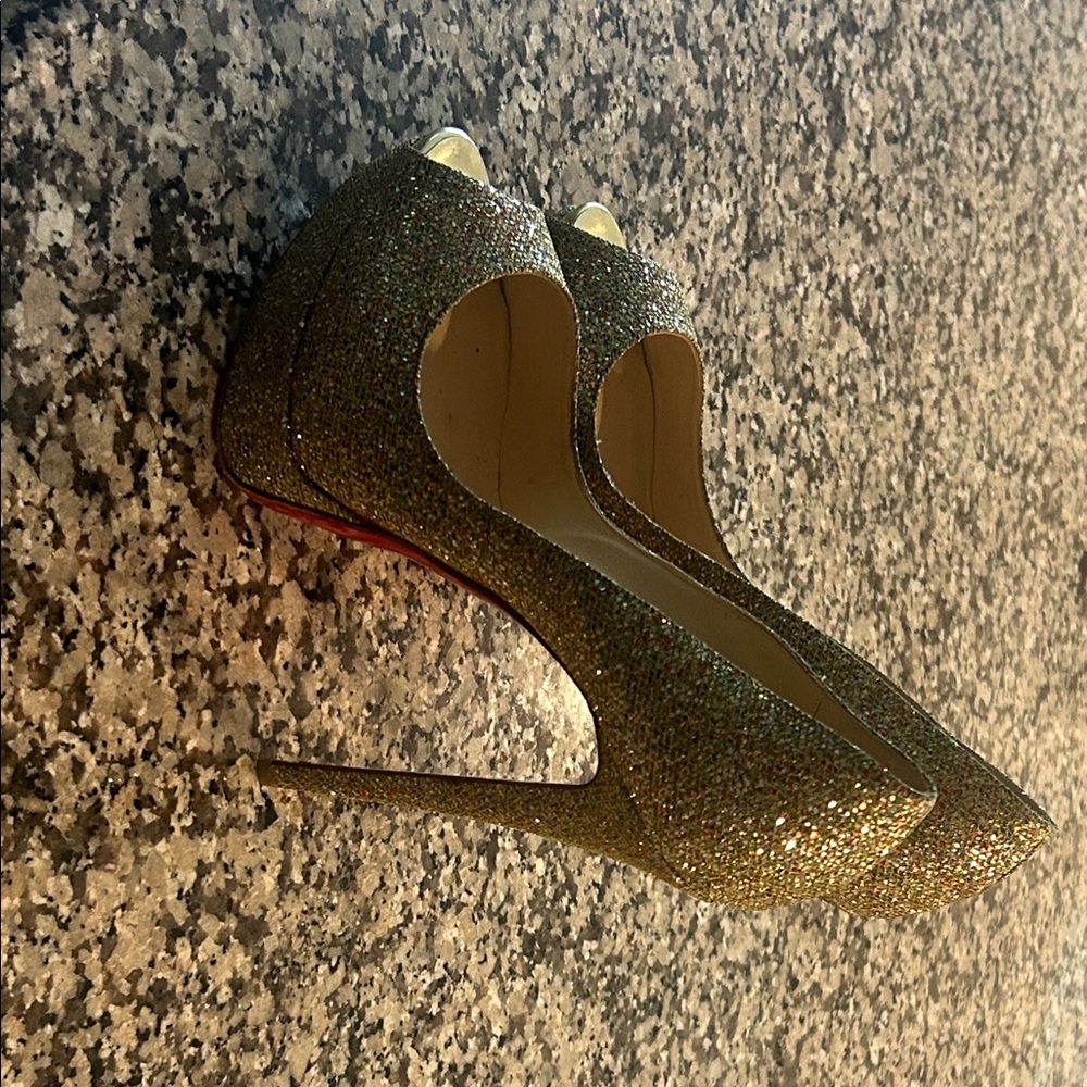 Christian Louboutin Glittering Gold Peep-Toe Heels - Picture 3 of 7
